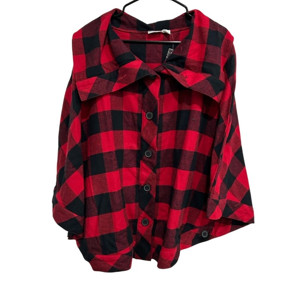 Newport News Red Black Buffalo Plaid Button-Up Cape Jacket Oversized Collar Sz M